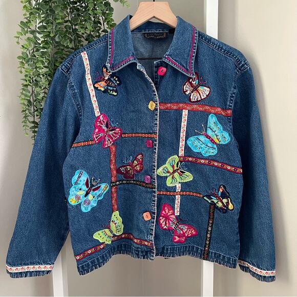 Vintage Embroidered Boho Butterfly Denim Jacket Long Sleeve Gems Women’s Small - Picture 1 of 16
